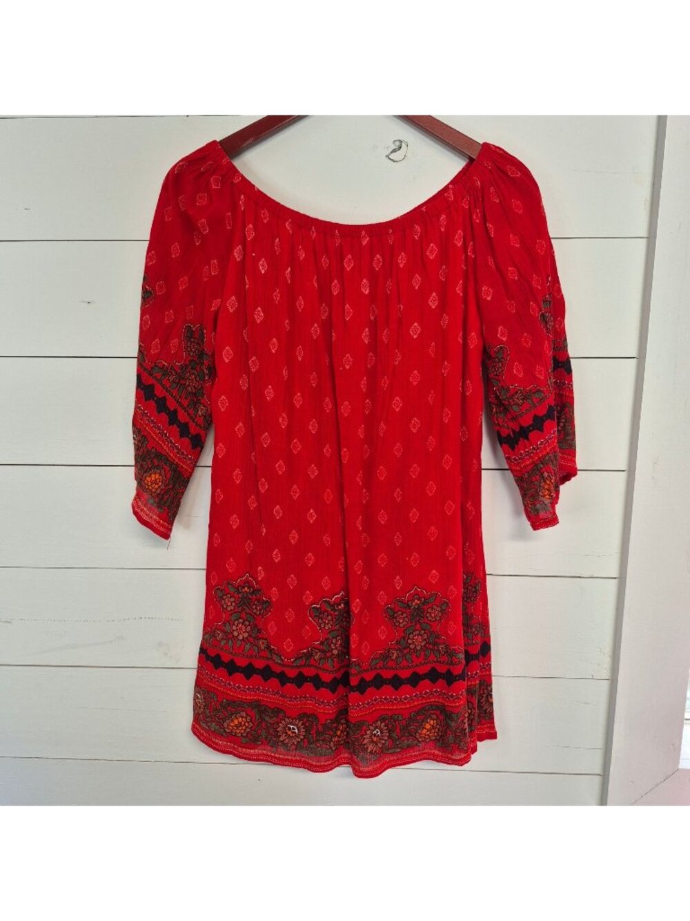 La Cera Boho Red Tunic top With Floral Border Print 3/4 Sleeves Size L
